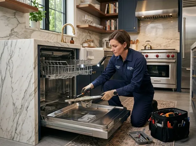 Appliance Repair Hero technician servicing a built-in dishwasher in a Barrytown, NY kitchen