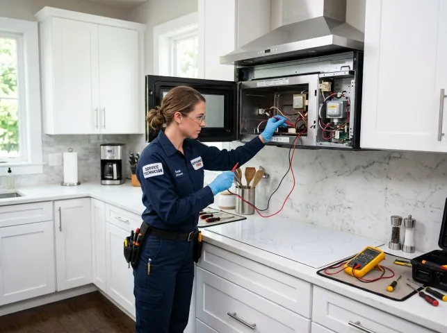 Appliance Repair Hero technician testing an over-the-range microwave in a Barrytown, NY kitchen